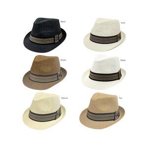 Short Brim Straw Fedora Hats with Striped Band For Men & Women